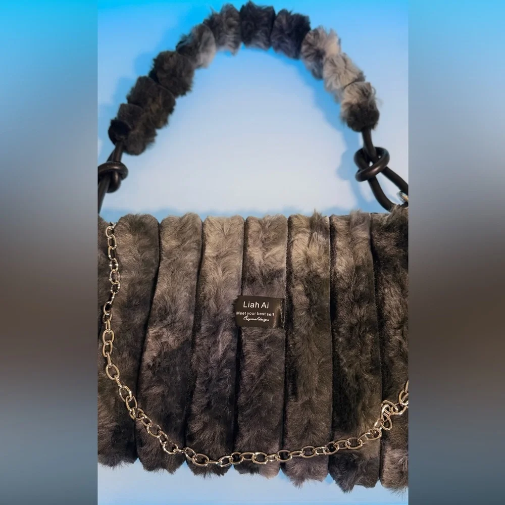 Black Gray Soft Faux Fur Shoulder Bag Purse with PomPom and Chain Straps - Picture 8 of 8